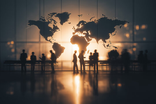 Global Business Silhouettes in Front of a World Map at Sunset