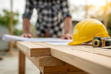 Builder planning construction project with blueprints and hard hat