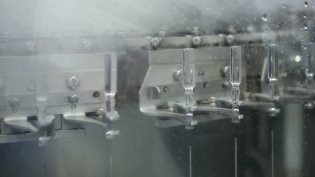 High-definition footage of an automated cleanroom assembly where glass ampoules are washed, filled with injectable medication, sterilized, and hermetically sealed. Showcases precision robotics, strict
