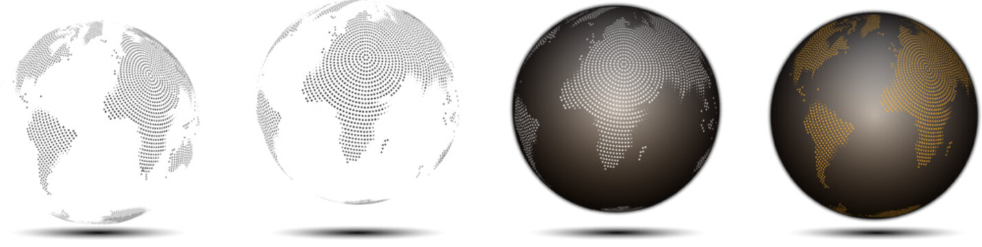 Set of globes of earth in vector round line art shape. Globes of world map representing on a transparent background. Realistic 3d abstract globe shape with continents