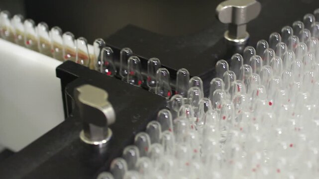 High-definition footage of an automated cleanroom assembly where glass ampoules are washed, filled with injectable medication, sterilized, and hermetically sealed. Showcases precision robotics, strict