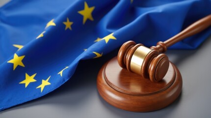 A wooden gavel is placed on its circular block, symbolizing justice, beside a blue flag representing the European Union, adorned with yellow stars, conveying legislative authority. 
