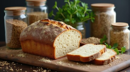 Artisan sourdough bread loaf with a slice cut off, surrounded by jars of grains, seeds, and fresh herbs on a rustic wooden board 