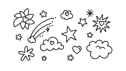 Black and White Hand Drawn Doodle Elements Stars Clouds Hearts Flowers and Rainbow