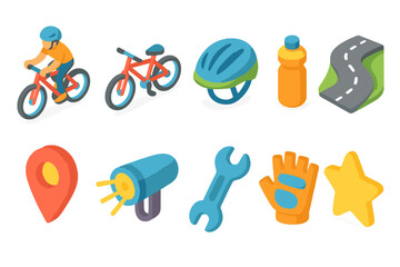 Naklejka premium Biking and cycling 3d icon set. Helmet, road, and bicycle gear icons collection