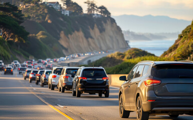 Scenic Coastal Drive with Vehicles on Road by the Ocean at Sunset