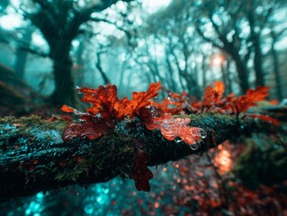 Rainy Autumn Forest With Fallen Leaves