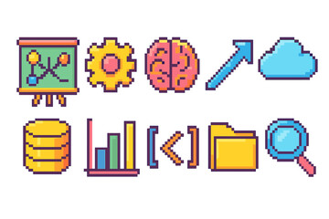 Technology, science outline icon set. Data, cloud, analytics, pixel art icons collection