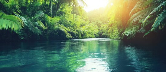 Fototapeta premium Golden Sunlight Pierces a Lush Jungle Canopy Over a Serene Turquoise River