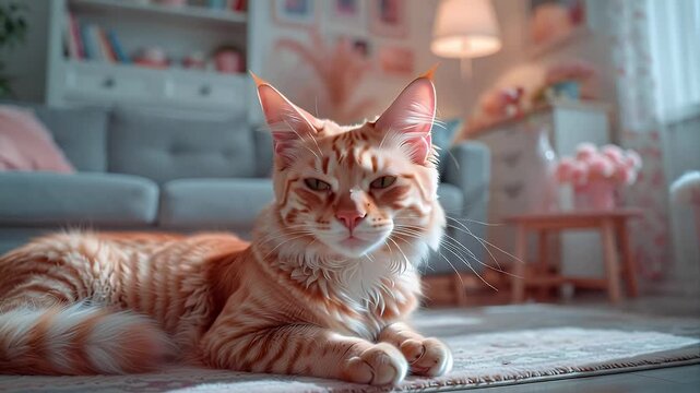 Domestic cat lying on rug in home interior sunlight composition