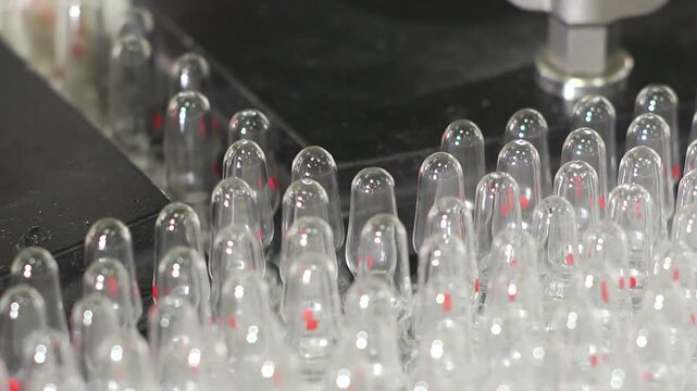 High-definition footage of an automated cleanroom assembly where glass ampoules are washed, filled with injectable medication, sterilized, and hermetically sealed. Showcases precision robotics, strict
