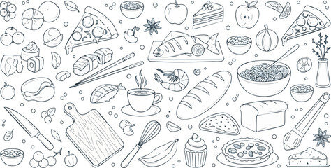 Monochrome Hand-Drawn Food Illustration Set &ndash; Pizza, Sushi, Pasta, Seafood, Bread, Coffee, Desserts, Culinary Ingredients Line Art