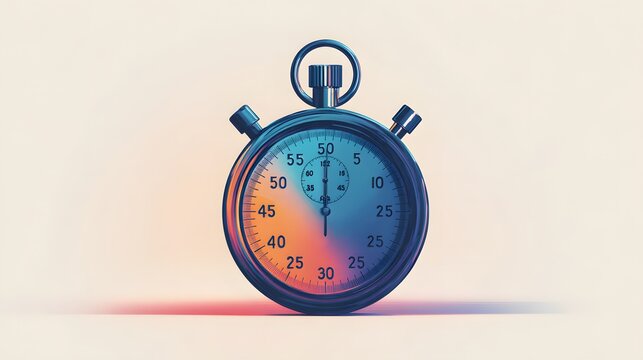 Metallic stopwatch rests against a pale background with vibrant colored highlights