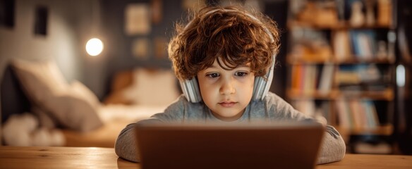 The Boy Concentrating on a Tablet While Wearing Headphones in Cozy Home