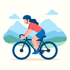 Fototapeta premium Young Woman Cycling in Mountain Landscape Flat Illustration