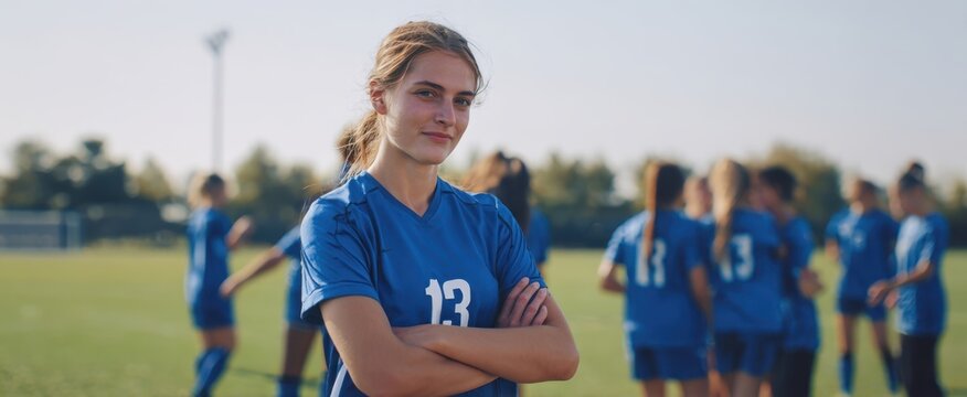The soccer player standing with arms crossed on sunny team practice field - Powered by Adobe