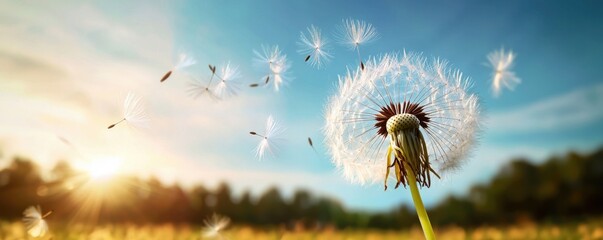 Dandelion Seeds Flying in Soft Sunset Light Over a Green Field
