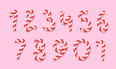 3d Candy Cane Numbers set. Red and white stripes. Isolated vector lettering of 1,2,3,4,5,6,7,8,9,0 digits
