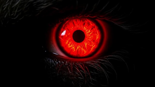 Intense, fiery red eye glows in the dark, with details of lashes and iris