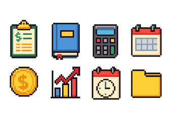 Finance and productivity pixel icon set: budgeting, planning, calendar, pixel art collection