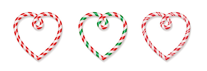 3d Sweet Striped Candy Heart Frames set. Various striped pattern. Isolated geomatic vector illustrations.