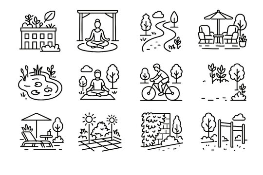 Vector meditation icon hotel garden deck pond rooftop eco natural cycling outdoor