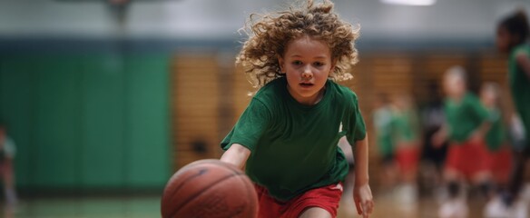 The girl dribbling a basketball down the gym during intense youth team practice