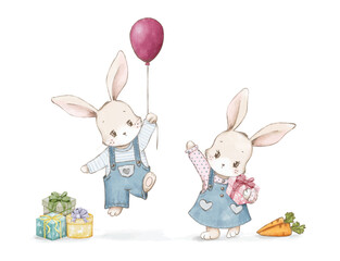 Obraz premium Cute watercolor bunny boy and girl with gifts, carrot and balloon