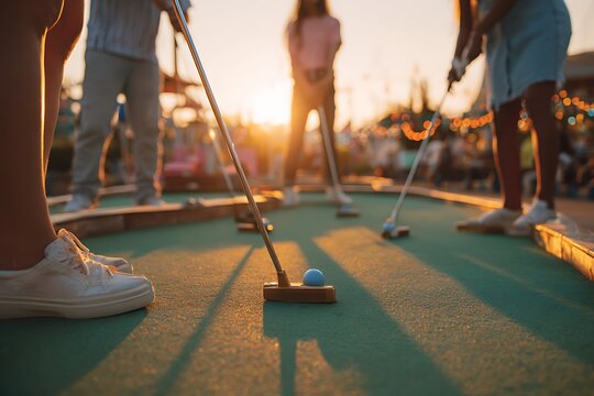 Friends playing miniature golf at golden hour