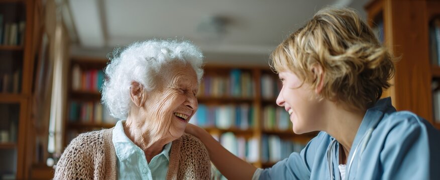 The grandmother and grandchild share a joyful moment in a cozy home library - Powered by Adobe