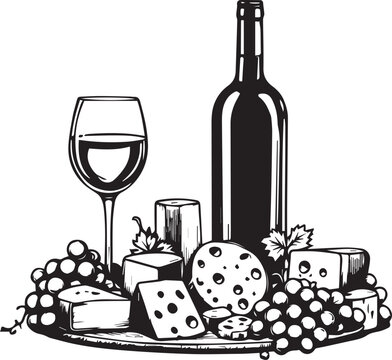 wine, cheese, grapes, black and white still life clip art preview