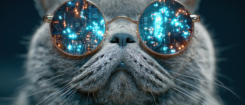 Cat wearing futuristic cyber glasses with glowing circuits, creating tech inspired vibe