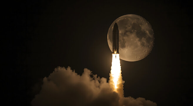Powerful space rocket fires upward through dark clouds with glowing trails, the big moon frames the climb against the black sky.