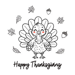 Illustration of hand drawn happy thanksgiving turkey with leaves isolated on white isolated on transparent background
