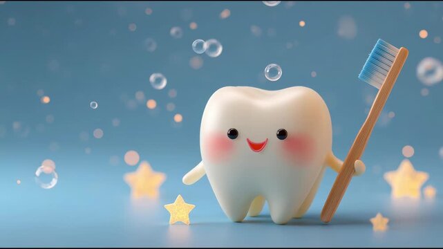 Cute cartoon tooth character with toothbrush, stars, and bubbles on blue background