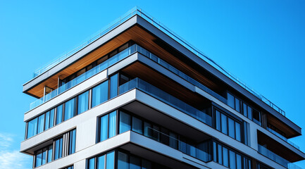 Obraz premium Modern apartment building features glass windows and balconies, perfect for city livin