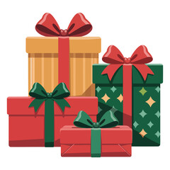 Christmas Gift Boxes with Red and Green Ribbons with Transparent Background