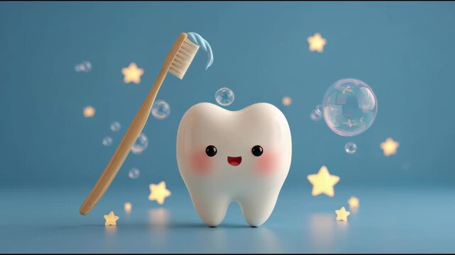 Cute cartoon tooth with toothbrush, bubbles, and stars on a blue background