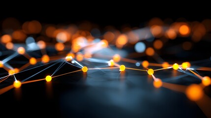 Glowing nodes and connecting lines illustrate a complex digital data structure in darkness