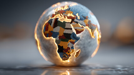 Globe built from abstract glowing patterns representing global connectivity and futuristic world map concept, generated AI