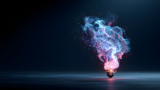 Glowing incandescent bulb releases vibrant cloud of energetic particles into dark space