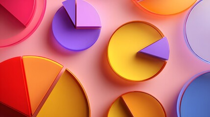 Abstract colorful three dimensional circular diagrams are arranged across a soft background