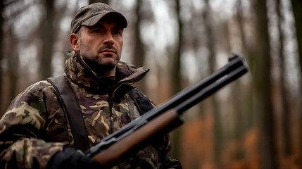 Hunter in camouflage gear, armed with a shotgun, stands alert in the forest, showcasing outdoor adventure and precision. Focused gaze suggests readiness and skill.