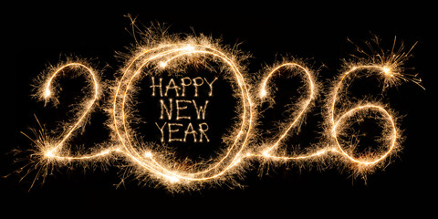 happy new year, new year's eve celebration holiday greeting crad long with text - 2026 sparklers...