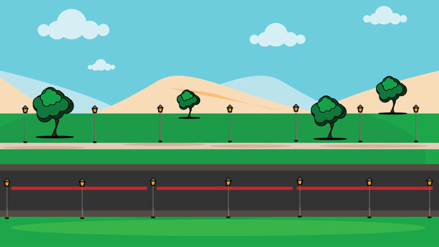 Peaceful 2D road with sidewalk, trees, and street lamps under a blue sky and mountains. Flat cartoon landscape background for city or outdoor design.
