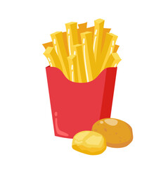 Editable vector illustration of  french fries in a red box with whole and sliced potatoes. Perfect for fast food branding, restaurant menu design, advertising, packaging, and digital marketing.