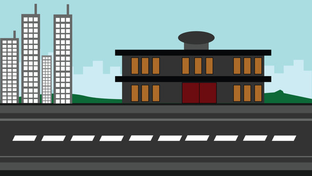 vector illustration of modern building. Cartoon city scene with road, tall buildings, and skyline under blue sky. Modern flat vector background for urban design, website, or animation use.