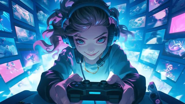 anime girl animation with headset playing games