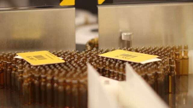 High-definition footage of an automated cleanroom assembly where glass ampoules are washed, filled with injectable medication, sterilized, and hermetically sealed. Showcases precision robotics, strict