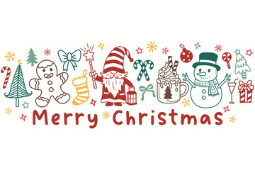 Merry christmas and happy newyear with gnome and snowman, gingerbread, christmas tree, Cute Christmas cartoons in winter vector illustration design for christmas card, sticker, poster, banner.